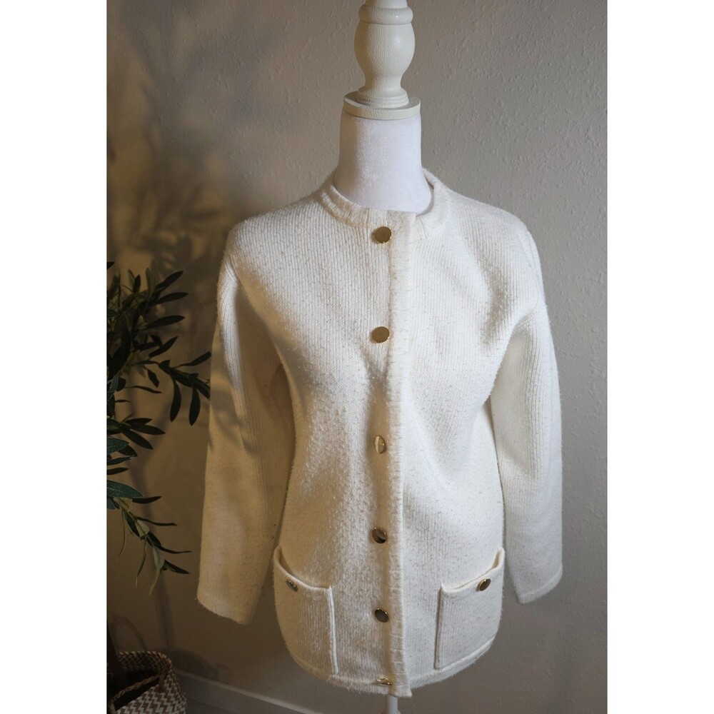 Vintage 1980s Mark Fore & Strike Ivory Acrylic Knit Cardigan Gold Buttons Small